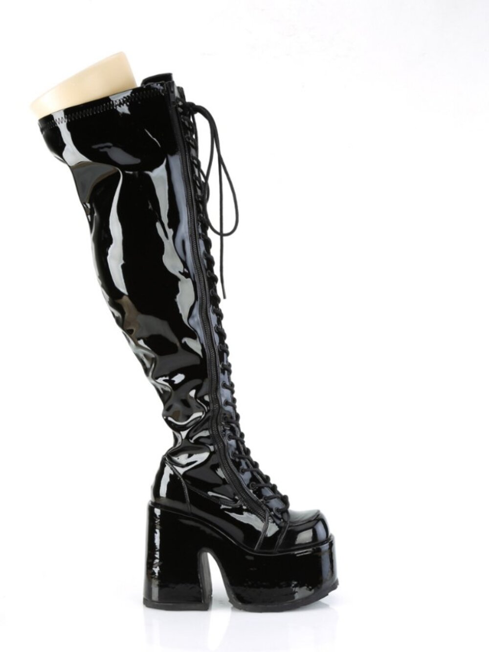 Chunky Heel Pat Stretch Wide Calf Thigh-High Boots with Outside Metal Zip